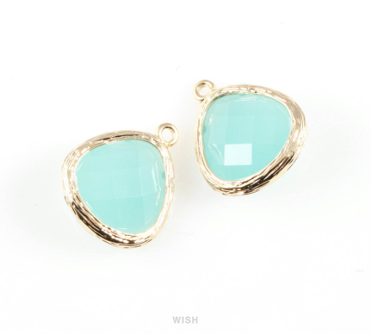 Ocean Blue Faceted Glass Charm in Gold, Framed Pendant / GOBG-036-P