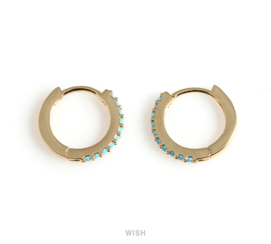 Turquoise Clip Hoop Earrings in Gold, 10 CZ Turquoise Hoop Earrings / CG-083-E2