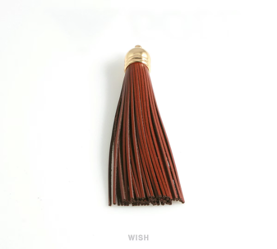 Chestnut Brown Leather Tassel with Bell Cap in Gold, Chocolate Cowhide Tassel / LCBG-006-T (1 piece)