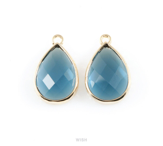 Montana Blue Teardrop Glass Charm in Gold, Framed Drop Glass Gem / GMBG-037-P