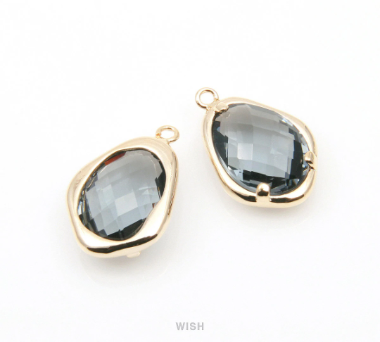 Charcoal Faceted Glass Charms in Gold, Framed Teardrop Pendant / GCCG-085-P