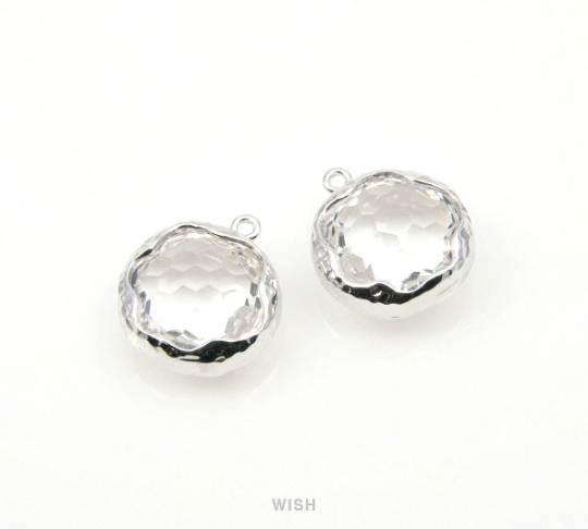 Clear Faceted Glass Charms in Rhodium, Framed Round Pendant / GCLRH-090-P (Small)