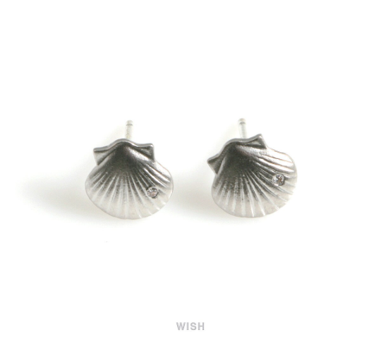 Seashell Stud Earrings in Matt Rhodium, CZ Scallop Seashell Studs / MMRH-569-E