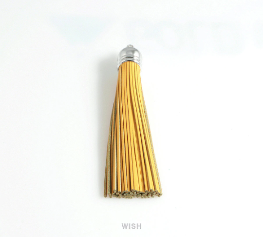 Yellow Leather Tassel with Bell Cap in Rhodium, Yellow Cowhide Tassel / LYWRH-006-T (1 piece)