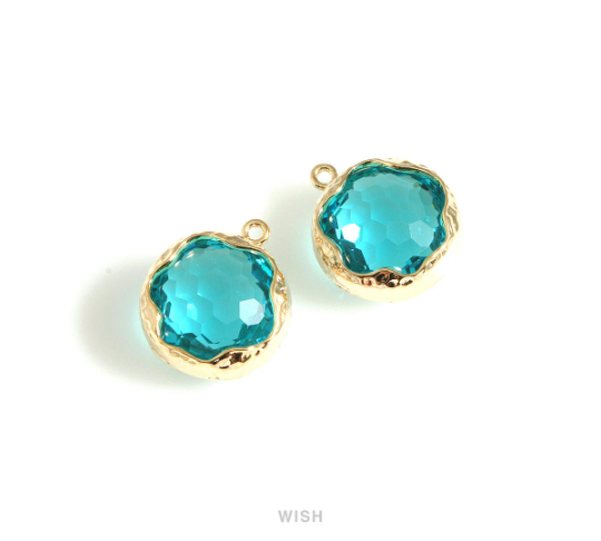 Blue Zircon Faceted Glass Charms in Gold, Framed Round Pendant / GBZG-090-P (Small)