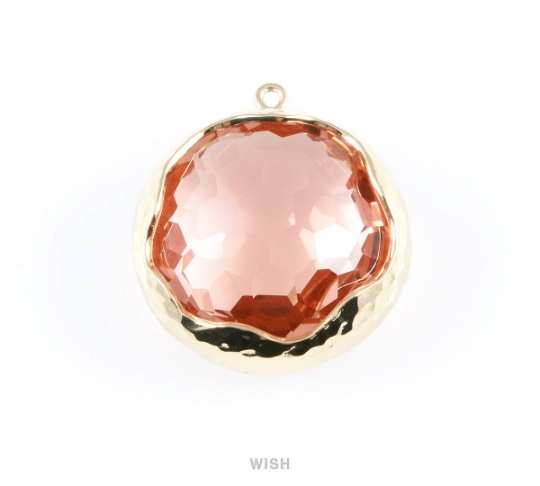 1 piece of Peach Faceted Glass Charms in Gold, Framed Round Pendant/ GPCG-011-P