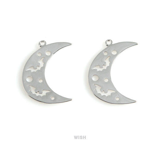 Bats in Crescent Pendant in Rhodium, Bats and Crescent Charm / MRH-484-P