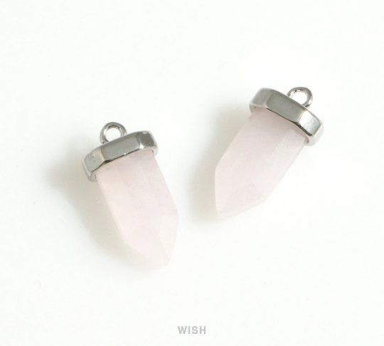 Rose Quartz Point Gemstone Charm in Rhodium, Rose Quartz Point Gemstone Pendant / SRQRH-106-P