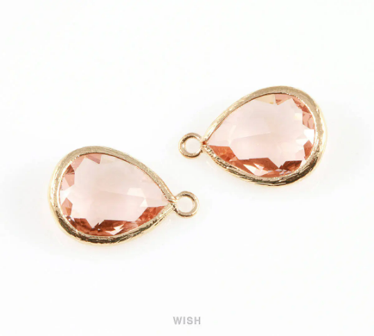 Peach Teardrop Glass Charm in Gold, Framed Drop Glass Gem /GPCG-005-P