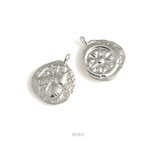 Honey Bee on Hammered Coin Pendants in Matte Rhodium, Honey Bee Coin Charms / MMRH-701-P