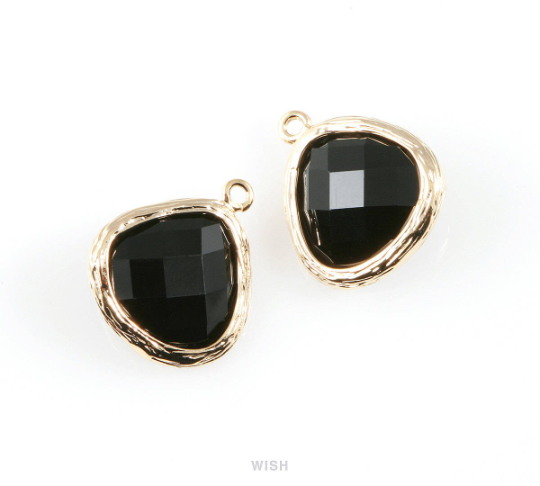 Jet Faceted Glass Charm in Gold, Framed Pendant / Birthstone / GJTG-036-P