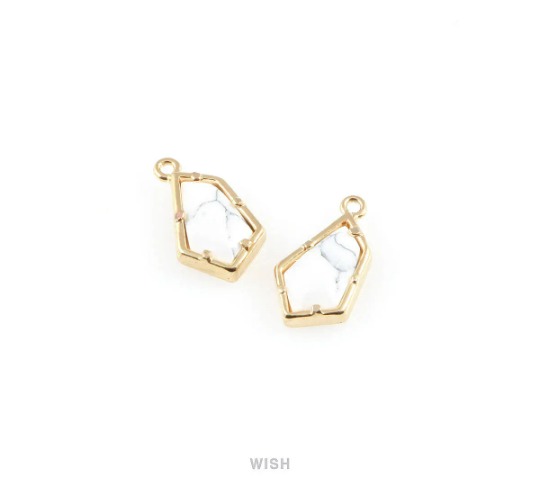 Howlite Pentagon Stone Charm in Gold, Gemstone Framed Pendant  /SHTG-059-P