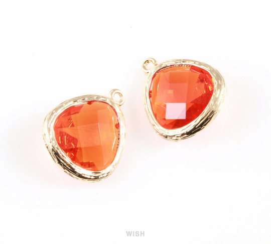 Citrine Faceted Glass Charm in Gold, Framed Pendant / GCNG-036-P