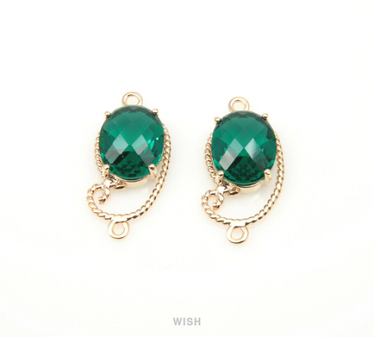 Emerald Oval Glass Charm in Gold, Framed Drop Glass Gem / GEMG-096-P