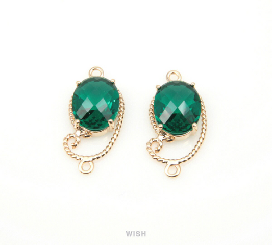 Emerald Oval Glass Charm in Gold, Framed Drop Glass Gem / GEMG-096-P