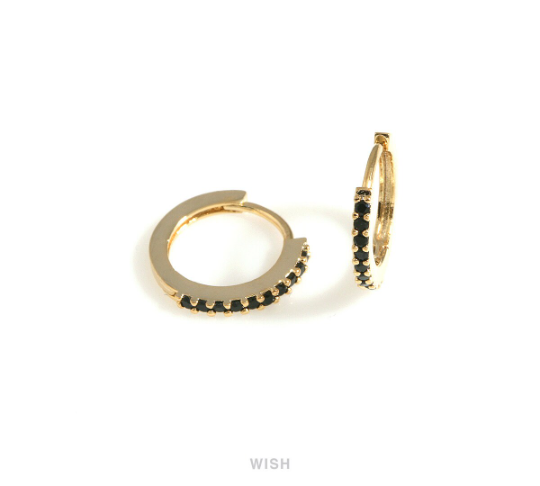 Black Onyx Latch Back Huggie Hoop Earrings in Gold, Black Onyx Huggie Earrings / CG-083-E3