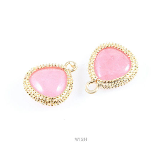 Rose Quartz Triangle Synthetic Stone Charms in Matte Gold, Framed Triangle Gems /  SRQMG-026-P
