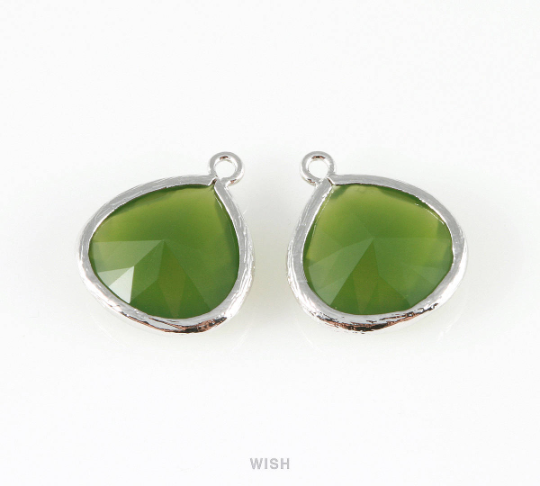 Dark Olivine Faceted Glass Charms in Rhodium, Framed Drop Glass Pendants / GDORH-001-P