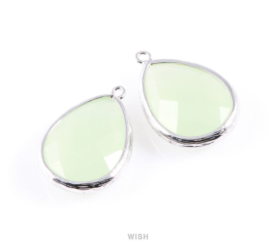Light Mint Teardrop Glass Charm in Rhodium, Framed Drop Glass Gem / GLMRH-044-P