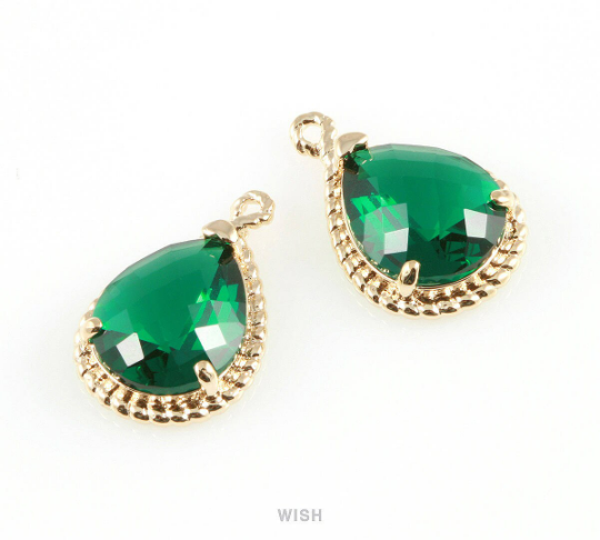 Emerald Teardrop Glass Charm in Gold, Framed Drop Glass Gem/ GEMG-006-P