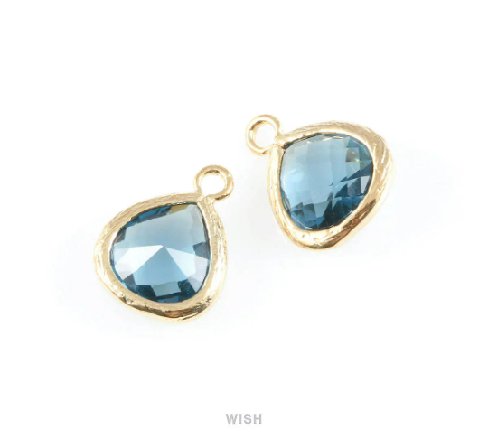 Montana Blue Faceted Glass Charm in Gold, Framed Glass Gem /GMBG-003-P (Small)