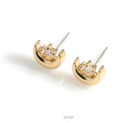 Crescent and CZ Star Stud Earrings in Gold, Celestial Stud Earrings / CG-081-E