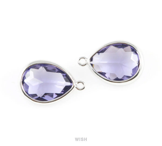 Amethyst Teardrop Glass Charm in Rhodium, Framed Drop Glass Gem / GTZRH-016-P