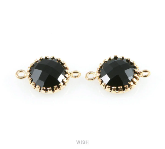 Jet Faceted Glass Connector in Gold, Framed Round Connector / GJTG-008-P