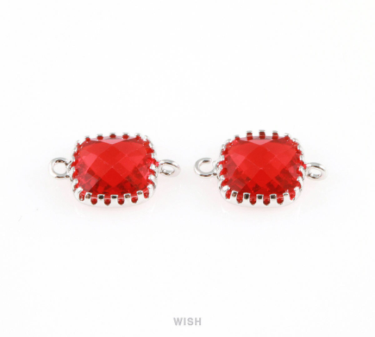 Garnet Faceted Glass Connector in Rhodium, Framed Square Connector / GGNRH-007-P
