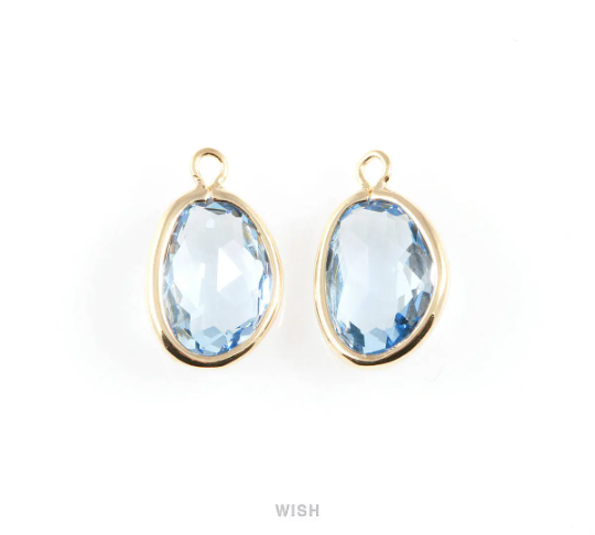 Light Sapphire Pear Glass Charm in Gold, Glass Framed Pendant / GLSG-040-P