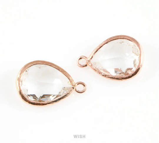 2pcs Clear Teardrop Glass Charm in Rose Gold, Framed Drop Glass Gem /GCLRG-005-P