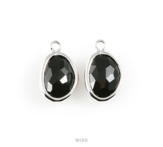 Jet Pear Glass Charm in Rhodium, Glass Framed Pendant / GJTRH-040-P