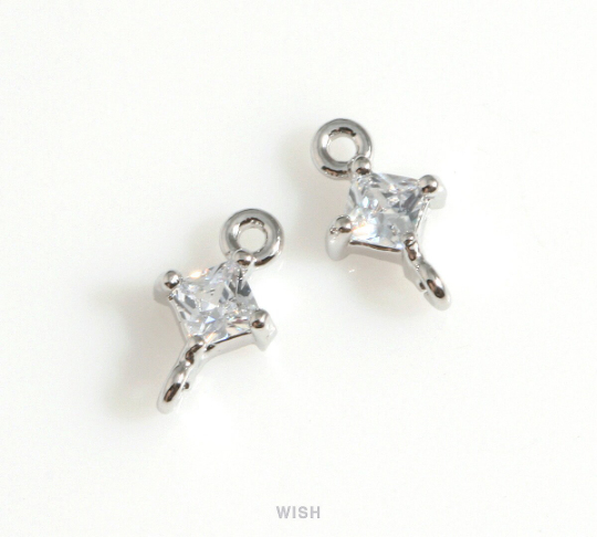 Diamond Shape Cubic Zirconia Connector in Rhodium, Dainty CZ Charm / CRH-085-P (4pcs)