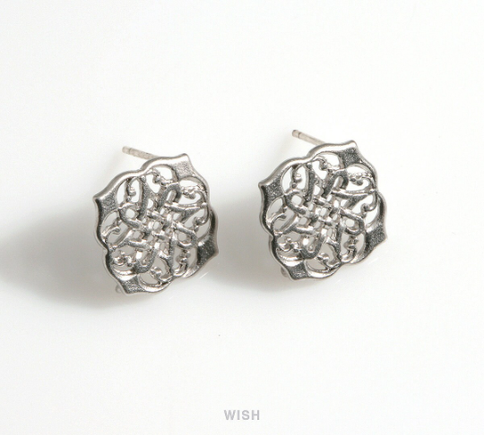 Unique Patterned Stud Earrings in Matt Rhodium, Oriental Patterned Ear Studs, Strip Woven Stud Earrings / MMRH-605-E