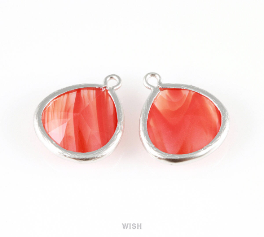Red Marble Faceted Glass Charm in Rhodium, Framed Drop Glass Bead / GRMRH-001-P (Large)