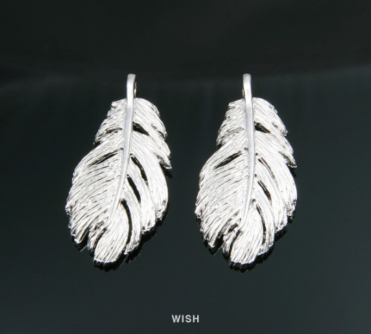 Feather Pendant in Matte Rhodium, Textured Feather Charm / MMRH-238-P