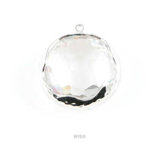 Clear Faceted Glass Charms in Rhodium, Framed Round Pendant / GCLRH-011-P