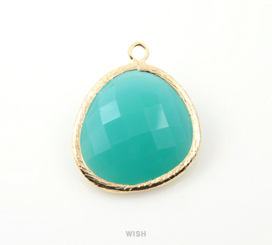 Mint Faceted Glass Charm in Gold, Framed Glass Gem / GMTG-101-P (Large)