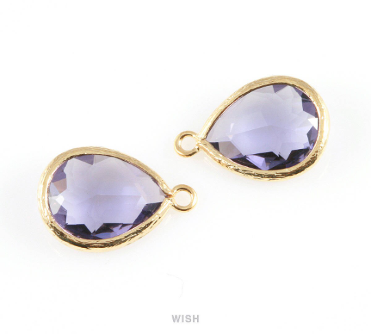 Amethyst Teardrop Glass Charm in Gold, Framed Drop Glass Gem / GTZG-005-P
