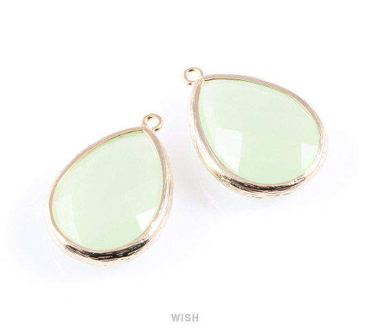 Light Mint Teardrop Glass Charm in Gold, Framed Drop Glass Gem / GLMG-044-P