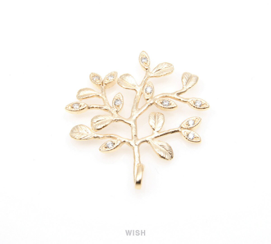 Leaves and Branch with Cubic Zirconia in Matte Rhodium, Tree Charm / MMRH-259-P