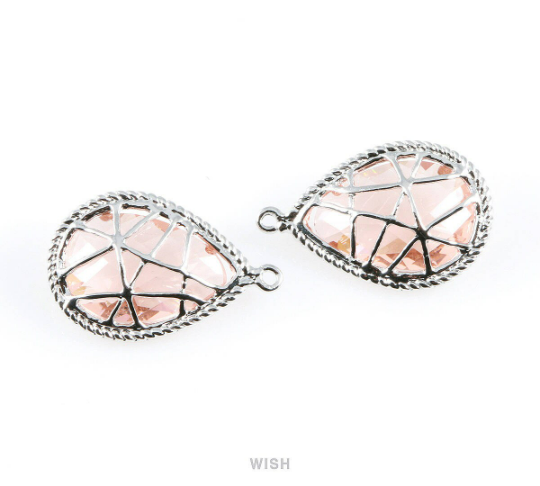 Peach Teardrop Glass Charms in Rhodium, Framed Drop Pendant /GPCRH-022-P