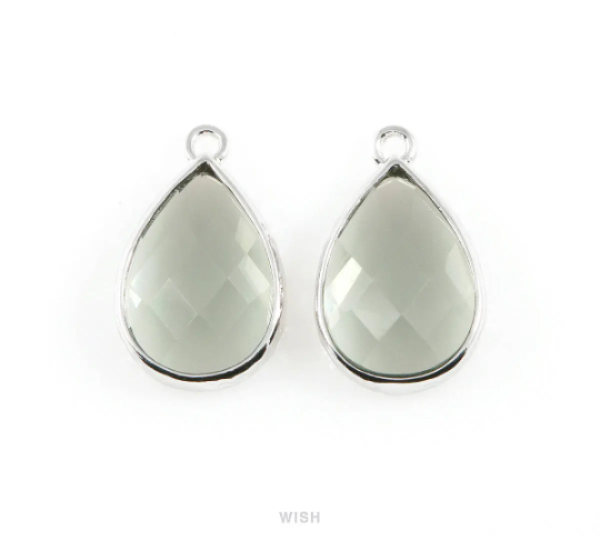 Charcoal Teardrop Glass Charm in Rhodium, Framed Drop Glass Gem / GCCRH-037-P