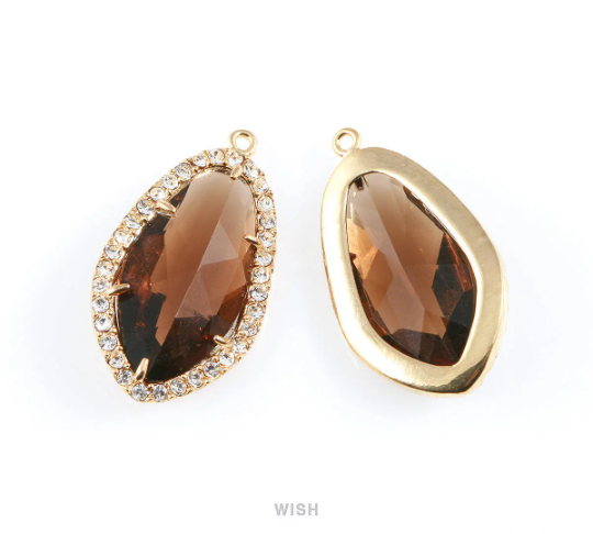 Briolette Smoky Quartz Glass with Rheinstone in Gold, Framed Pendant / GSQG-043-P