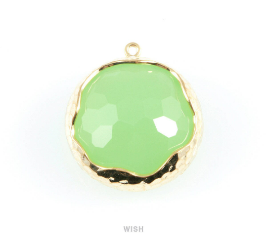 1 piece of Light Mint Faceted Glass Charms in Gold, Framed Round Pendant  / GLMG-011-P