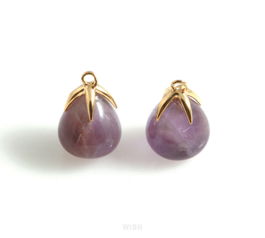 Amethyst Teardrop Gemstone Charm in Gold, Amethyst Gemstone Pendant / STZG-105-P