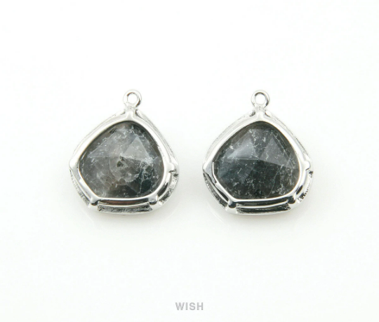 Black Marble Faceted Gemstone Charm in Rhodium, Framed Pear Gemstone Pendant / SBMRH-084-P