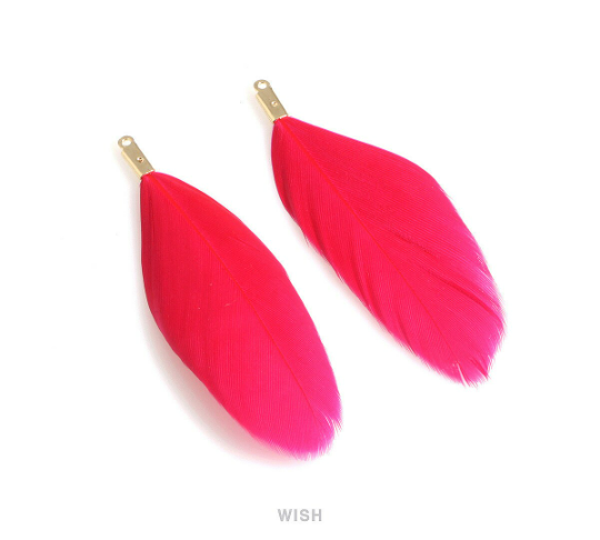 4 Hot Pink Genuine Feather with Gold Loop, Feather Charm / FFSG-001-P