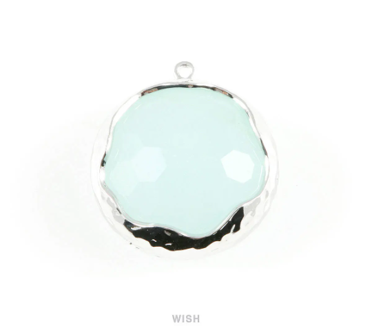 Alice Blue Faceted Glass Charms in Rhodium, Framed Round Pendant / GABRH-011-P