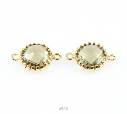 Olivine Faceted Glass Connector in Gold, Framed Round Connector / GOVG-008-P (1piece)
